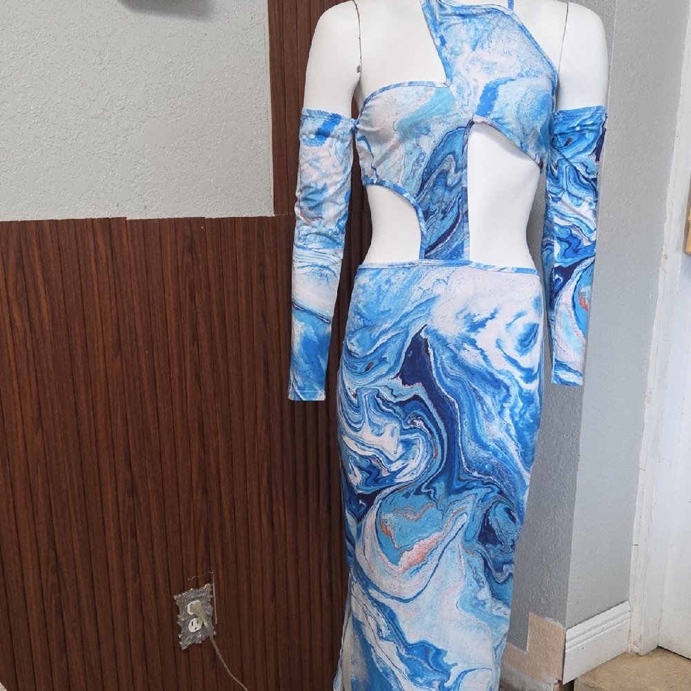 Blue Marble Cutout Dress Women Large Sz[1221]